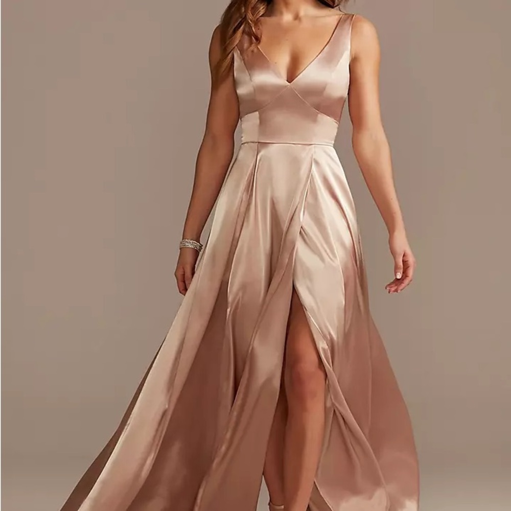 GALINA SIGNATURE Charmeuse Tank V-Neck Dress with Slit Size 14 Color Sand